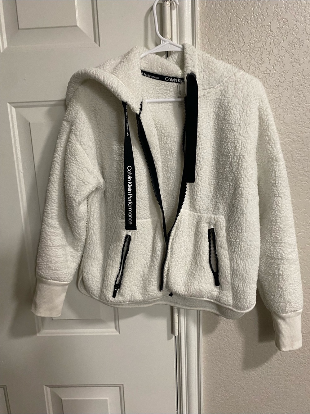 Calvin Klein White Teddy Sherpa Zip Hoodie with Black Accents